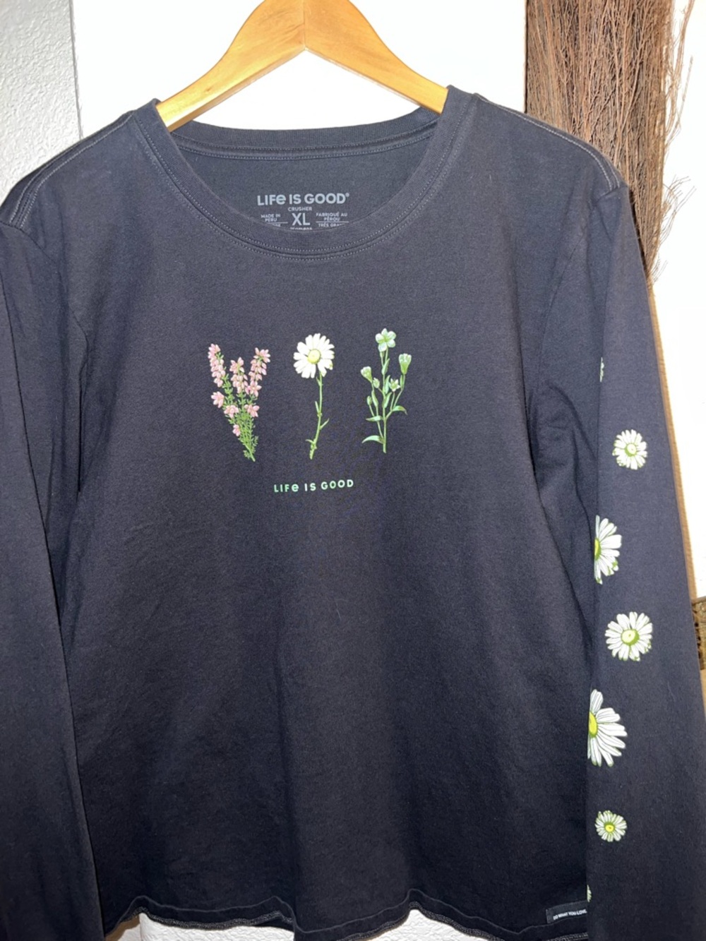 Life Is Good Black Long-Sleeve Tee with Daisies and Wildflowers